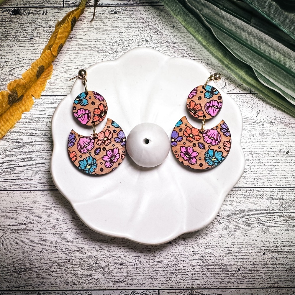 Colorful flowers wooden earrings